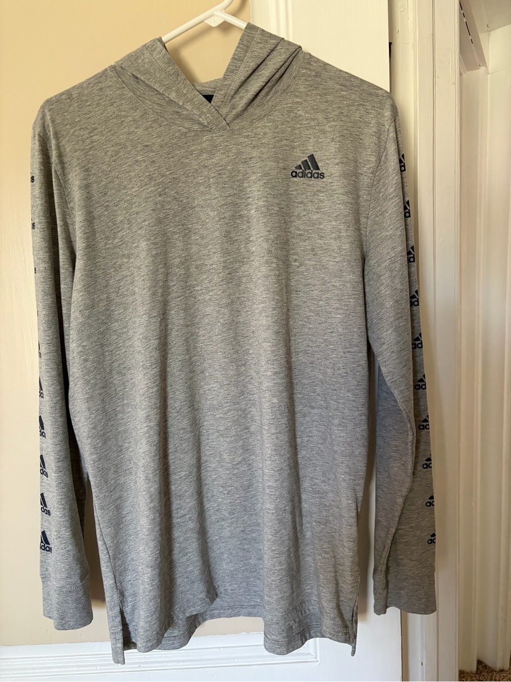 adidas Light Gray Long-Sleeve Hooded Shirt with Sleeve Logo Tape